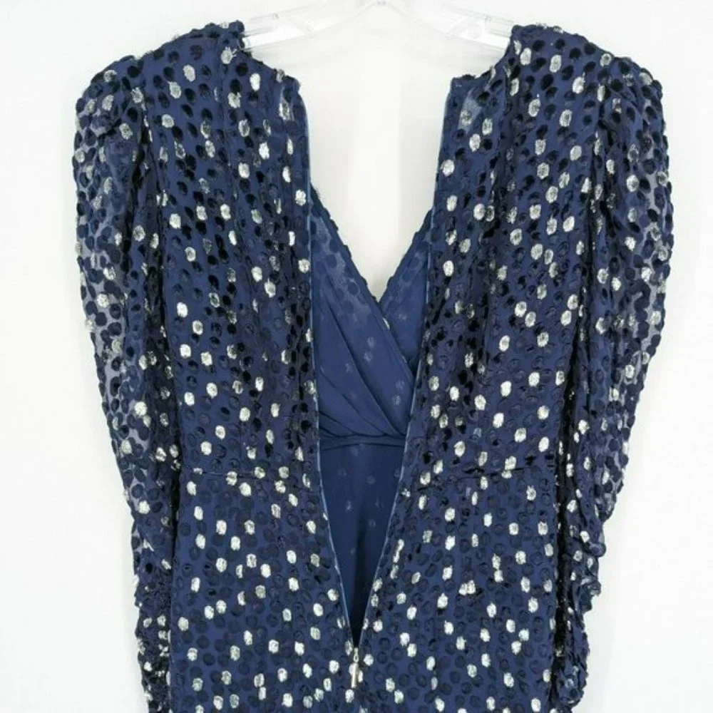 Kate Spade Scatter Dot Dress 6 Navy Silver Faux Wrap Ruffle Velvet Long Sleeve